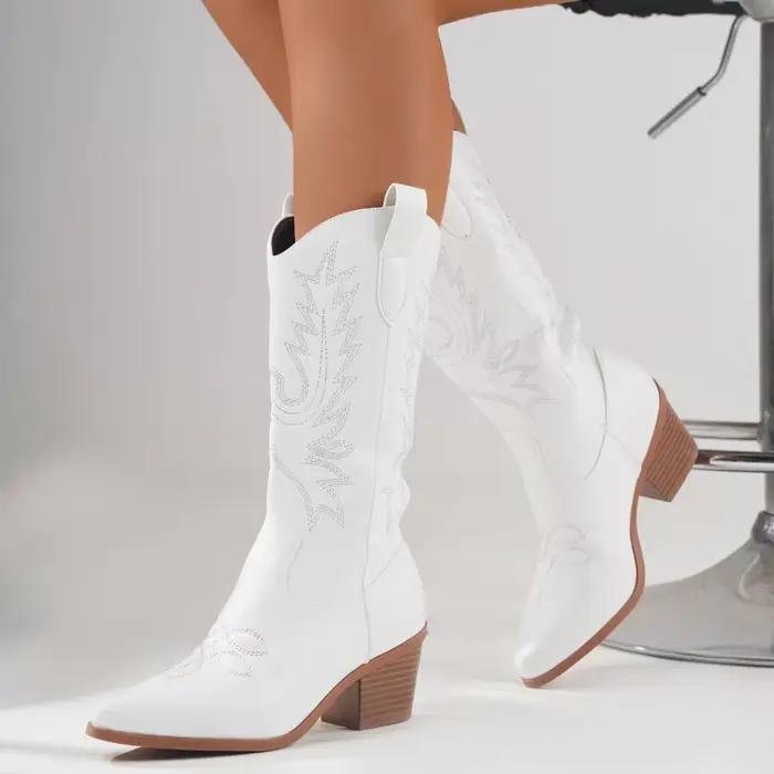 Bottes Longues Brodées Bout Pointu Talon Carré Élégantes Occasion Spéciale Blanc Bleu Gris