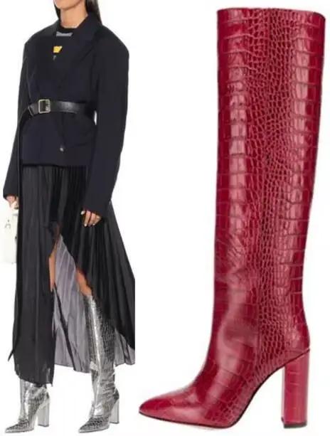Bottes de chevalier à imprimé Crocodile pour femme, chaussures à talons carrés Python, bout pointu, hautes, jaunes, rouges et noires, nouvelle collection hiver