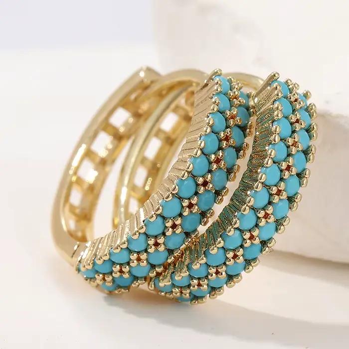 Boucles d'oreilles turquoise synthétiques rétro à Double rangée, exquises et élégantes, bijoux classiques pour femmes, accessoires de bijoux de vacances