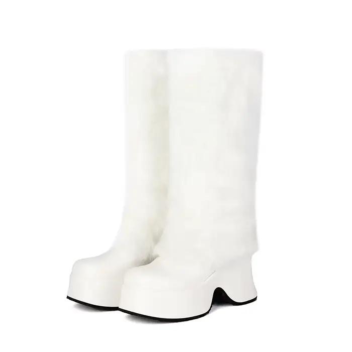 Rose blanc fausse fourrure chaude genou-haute bottes de neige compensées talons hauts fourrure concepteur élégant Botas femmes hiver chaud plate-forme bottes