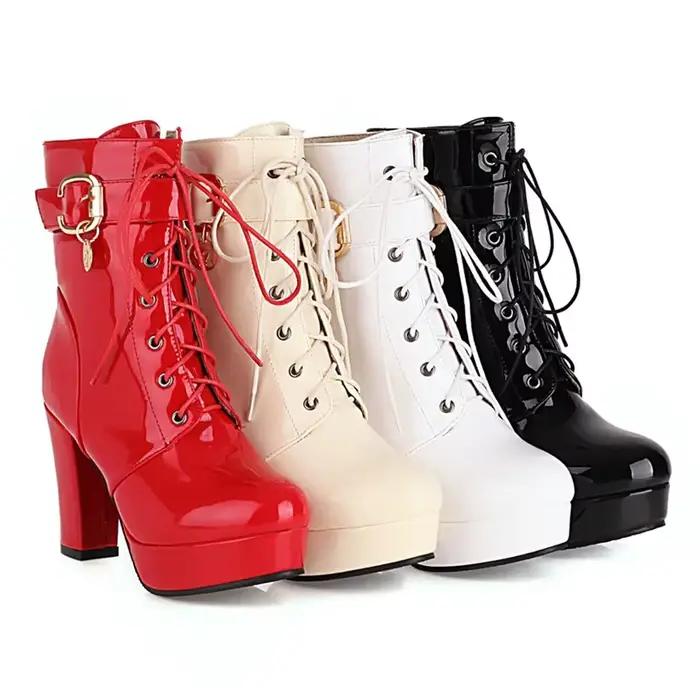 Bottes de rinçage à plateforme en cuir verni rouge pour femmes, talons hauts épais, bottes courtes à fermeture éclair, Parker rond, décontracté, bureau, dames, hiver