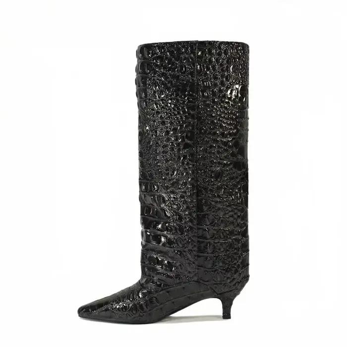 Bottes hautes tendance pour femmes, style urbain, talon chaton, motif crocodile bicolore, printemps-autom