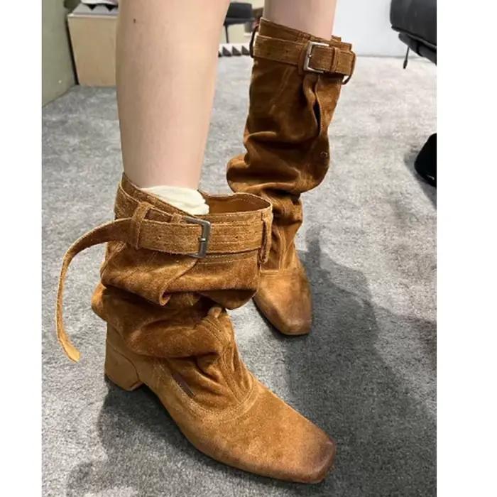 Bottes hautes irrégulières à talon compensé pour femme style rétro western bout carré occassions spéciales à offrir