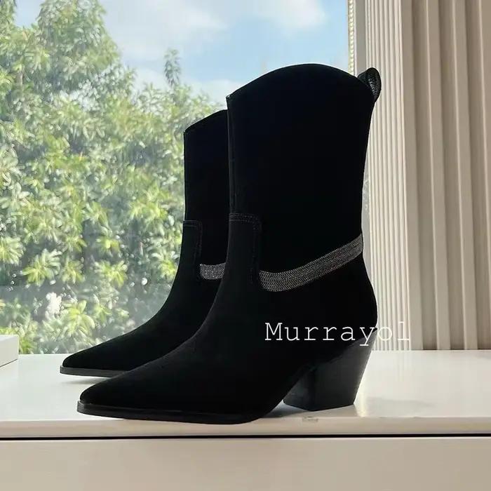 Bout pointu chaîne perle décor Chelsea bottes femmes vache daim talon épais mi-mollet bottes printemps automne style rétro bottes courtes