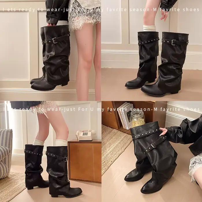 Bottes au-dessus du genou, style chevalier, plissées et superposées avec ceintures, bottes culotte à jambe large, Nouveau style 2026