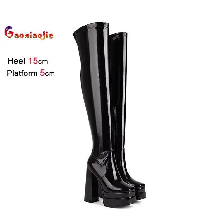 Bottes au dessus du genou en cuir verni élastique pour femmes, chaussures de spectacle en T Sexy, plateforme épaisse, Botas, cuissardes gothiques de 15CM