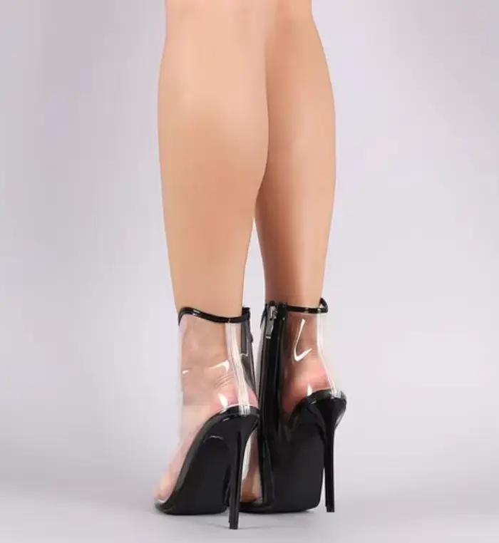 Bottines en cuir verni noir/nude PVC à talons aiguilles transparents à bout pointu avec fermeture éclair pour femme – Chaussures de banquet