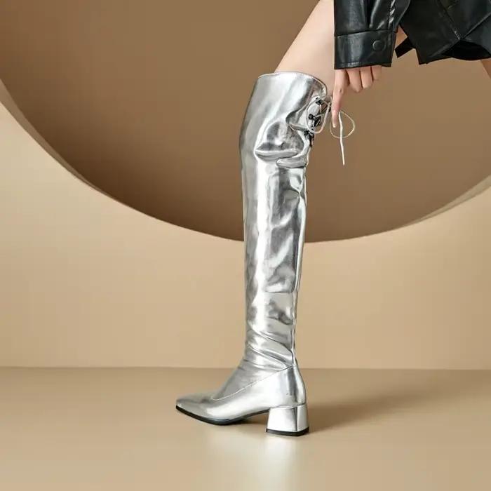 Chaussures or argent bottes au dessus du genou pour femmes bloc talon moyen fermeture éclair latérale confortable robe de soirée décontractée cuissardes longues bottes