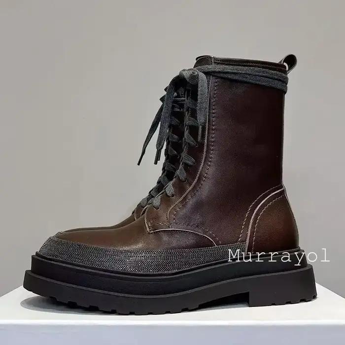 Bout rond en cuir véritable à lacets plat fond épais cheville Botas femmes chaîne perle décor bottes courtes automne bottes de moto