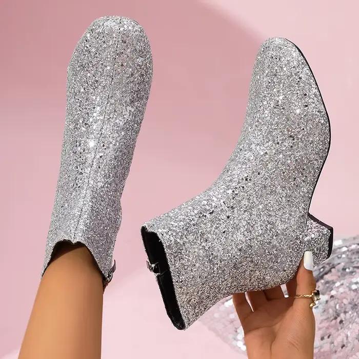 Bottines à paillettes argentées scintillantes pour femmes, bottes courtes à talons mi-épais avec fermeture éclair, bout rond, grande taille