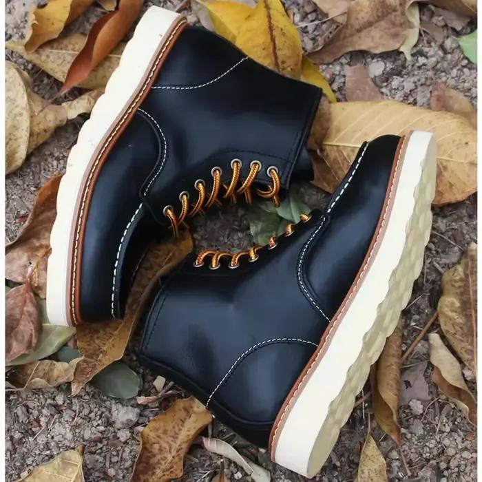 Bottes de moto en cuir véritable cousues Goodyear pour hommes, bottes provoqué punk décontractées, chaussures de travail mi-mollet, bout rond, rouge occidental, vintage
