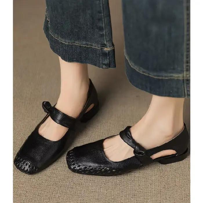 Chaussures Mary Jane pour femmes, plates, vintage, à bout carré, élégantes, ajourées, tressées, avec bride de cheville chic, décontractées d'été