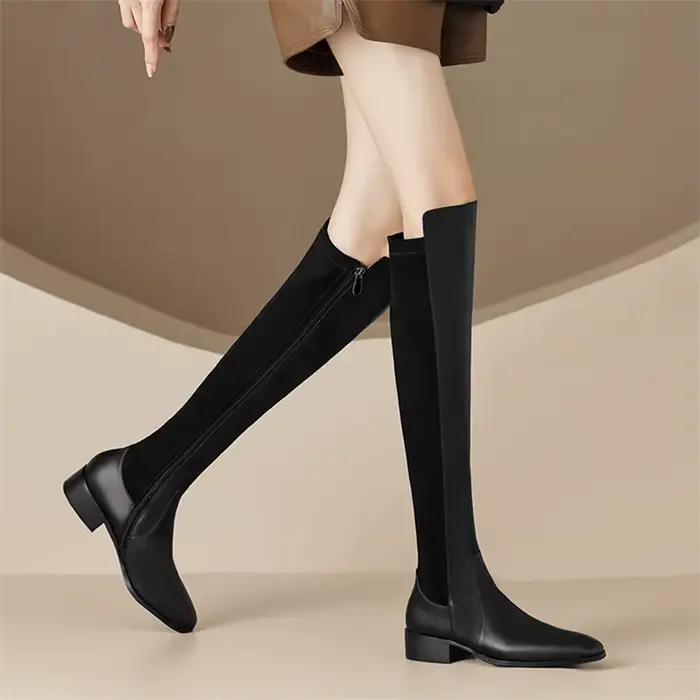 Meotina-Bottes hautes en cuir véritable pour femme, chaussures plates carrées, avec fermeture éclair, style décontracté, à la mode, collection automne hiver, 40