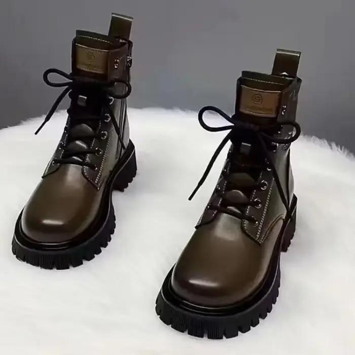 Bottines pour femmes de haute qualité décontracté botte en cuir souple en peluche bottes d'hiver chaudes mode bottes de moto à lacets botte à plate-forme