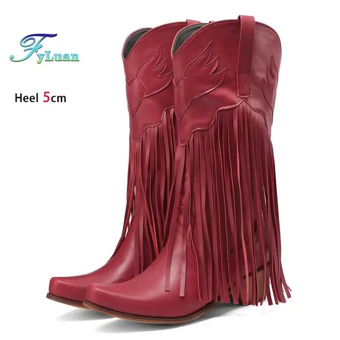 Bottes de Style occidental femmes 5CM talon bloc glands CowBoy chaussures 2025 printemps automne et hiver rétro