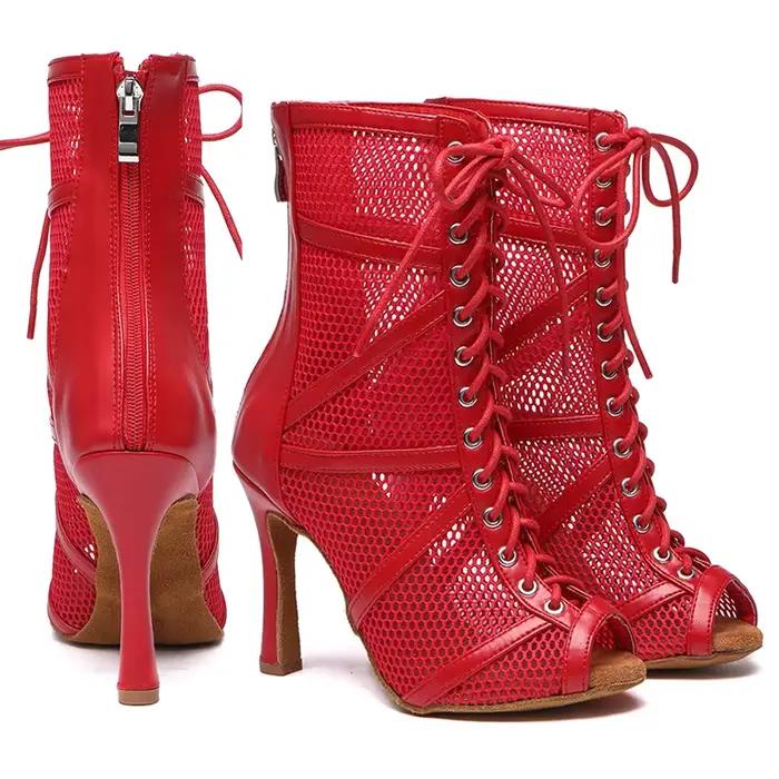 Chaussures de danse latine pour femmes, bottes de danse pour salle de bal, maille rouge, talons aiguilles, sandales de Salsa, cou-de-pied réglable, fermeture éclair