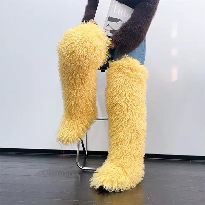 Femmes Faux renard cuissardes fausse fourrure bottes hiver chaud avec fourrure à l'intérieur nouveau concepteur en peluche genou haute fourrure bottes