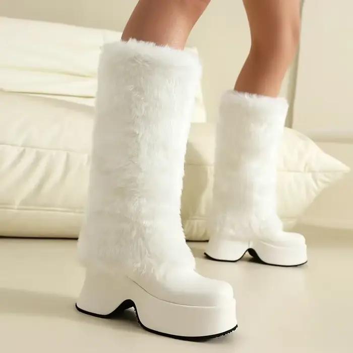 Rose blanc fausse fourrure chaude genou-haute bottes de neige compensées talons hauts fourrure concepteur élégant Botas femmes hiver chaud plate-forme bottes