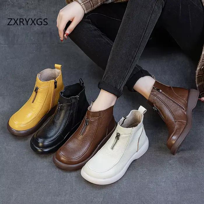 Bottes courtes en cuir véritable ZXRYXGS style camouflage talon plat semelle souple pour femmes printemps automne occassions spéciales