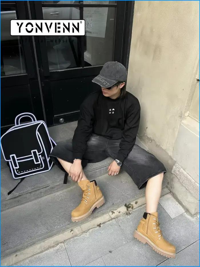Nouveau couche supérieure en cuir de vachette bottes courtes hommes à semelles épaisses haut vêtements de travail chaussures de randonnée grandes bottes jaunes à la mode