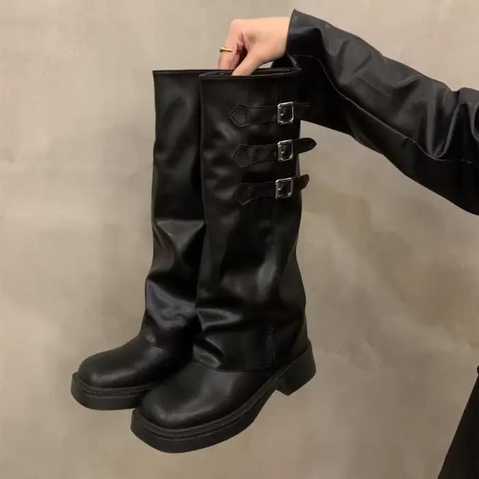 Bottes à semelle épaisse et style décontracté, bottes longues vintage mi-mollet à talon empilé pour femme, plateforme épaisse, hiver automne