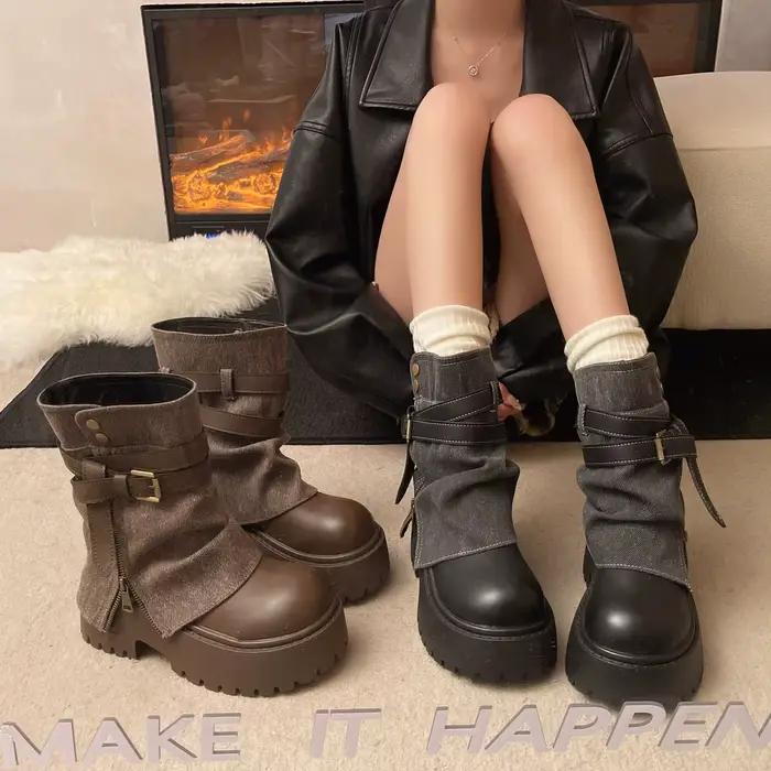 Bottines pour femmes, style cowboy, plates, à plateforme, avec fermeture éclair, mode créateur, bottes gothiques d'hiver, nouvelles bottes de marche, Mujer Botas