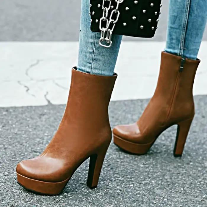 Bottines courtes élégantes pour femmes, chaussures d'automne et d'hiver à plateforme, noires et brunes, chaussures de danse de fête, grande taille