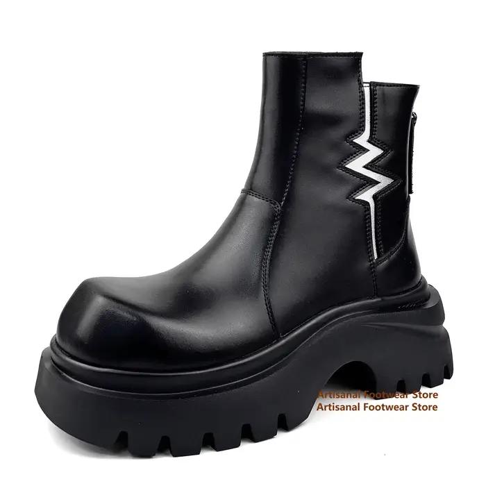 Bottes Chelsea à bout carré et semelle épaisse de 7 cm pour hommes, fermeture éclair arrière, bottes en velours tendance, bottines pour hommes augmentant la taille