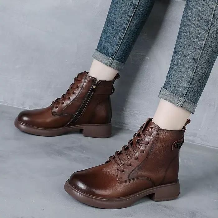 DRKANOL 2026 Style britannique en cuir véritable bottines pour femmes hiver à la main rétro en peluche chaud talon épais décontracté bottes courtes