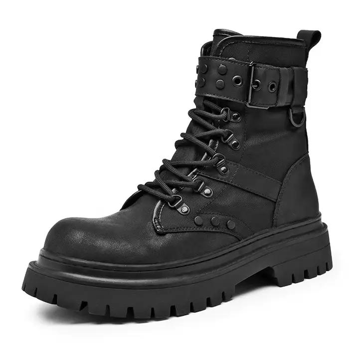 Bottes de combat punk noires de haute qualité pour hommes, style gothique, à lacets, mi-mollet, avec boucle cloutée, plateforme épaisse, bottes de moto