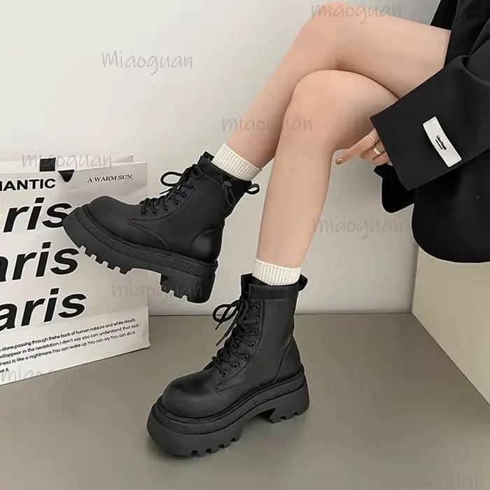 Bottines femme nouveau automne 2025 rétro britannique plate-forme bottes courtes couleur unie mode rétro cuir court Botas Femininas