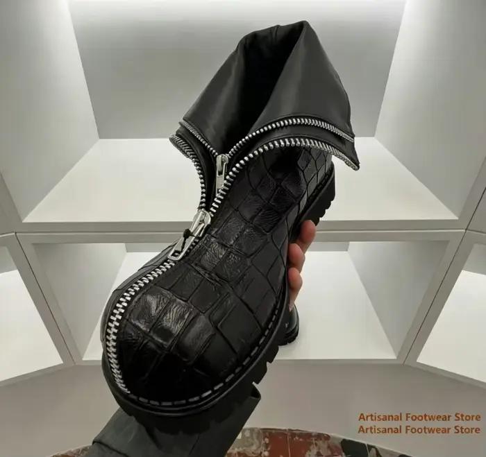 Bottes mi-mollet gothiques tendance pour hommes en cuir noir gaufré croco avec fermeture éclair avant