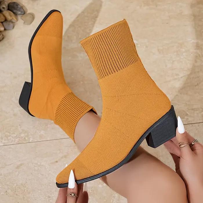 Mode femmes bottes bout pointu sans lacet mi-mollet bottes printemps automne tricoté chaussettes bottes femmes talons hauts grande taille chaussures femmes