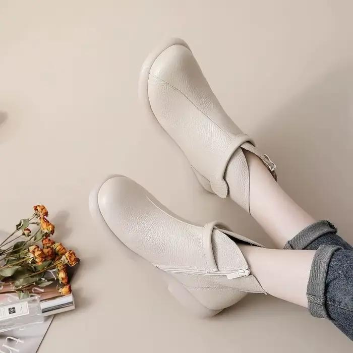 2025 automne début hiver chaussures en cuir véritable femmes bottines doux rétro marque dames bottes grande taille 41 Beige noir D645