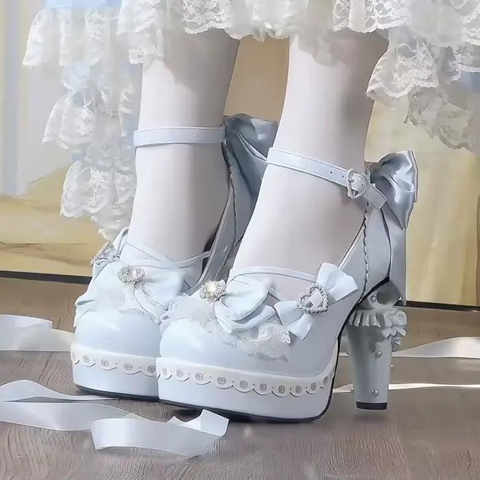 Chaussures en cuir à talons hauts Lolita pour femmes, originales, Style féerique, Cosplay japonais, Design de 5cm, chaussures de rue avec nœud en strass, Y2k