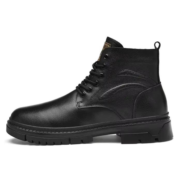 Bottes en cuir noir pour hommes, bottes à lacets avec fermeture éclair latérale, bottes de combat à plateforme antidérapante pour le travail décontracté, l'extérieur, grandes tailles 49 50