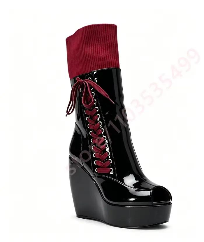 Nouvelles Bottines Compensées à Plateforme en Tricot Bordeaux 2026 pour Femme