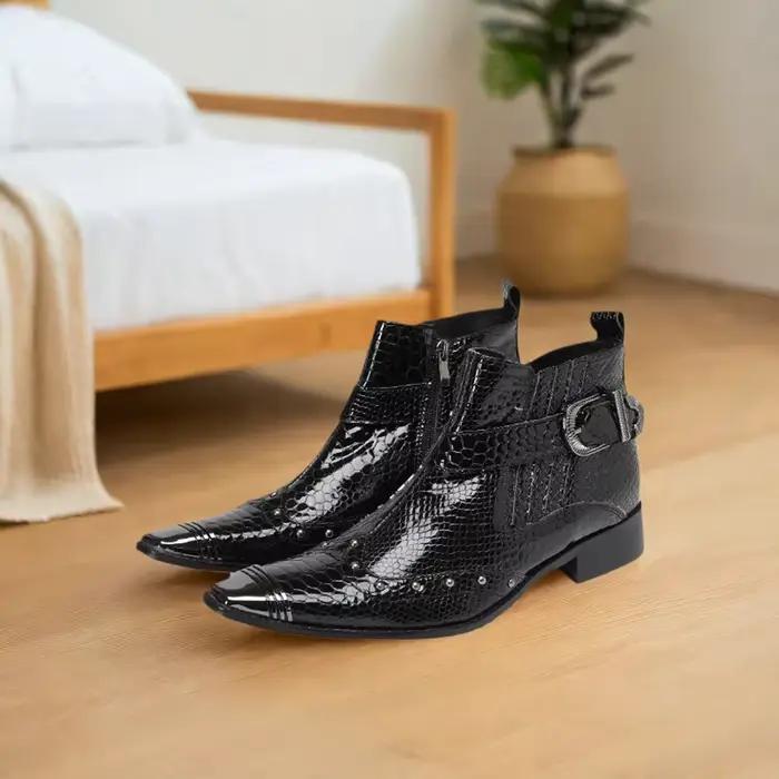 Bottes courtes brillantes à motifs de serpent pour hommes, avec boucle à rivets en métal, bottes courtes de Style de rue tendance et personnalisées