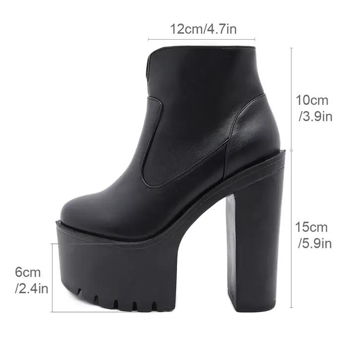 Gdgydh femmes couleur unie bloc bottes à talons mode côté fermeture éclair plate-forme bottes courtes confortable Faux cuir talons hauts pompes