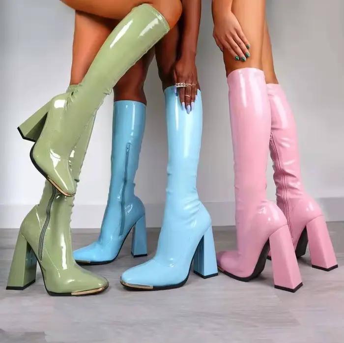 Bottes au genou à talon carré pour femmes, bottes Parker classiques, bottes zippées en cuir PU, chaussures de danse pour robe de soirée