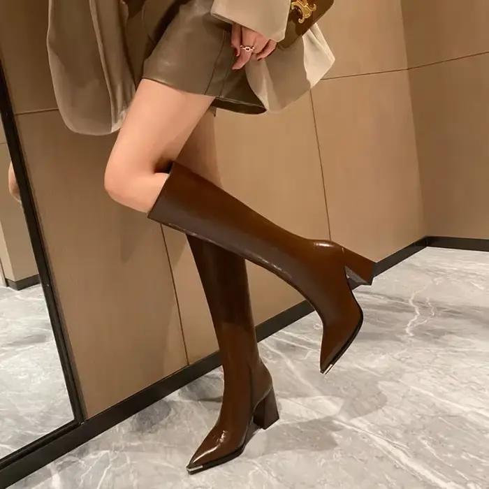 Bout pointu femmes bottes hautes mode fermetures éclair latérales chaussons longs dames élégant fête chaussures à