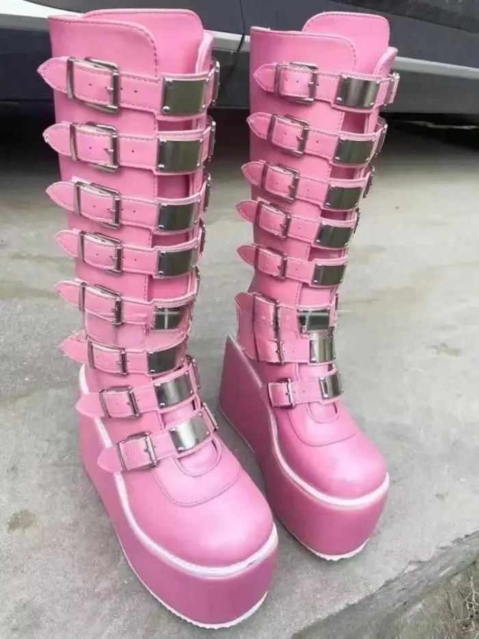 2025 nouvelles bottes de Cosplay d'halloween pour femmes chaussures gothiques plate-forme genou haute Punk noir Sexy