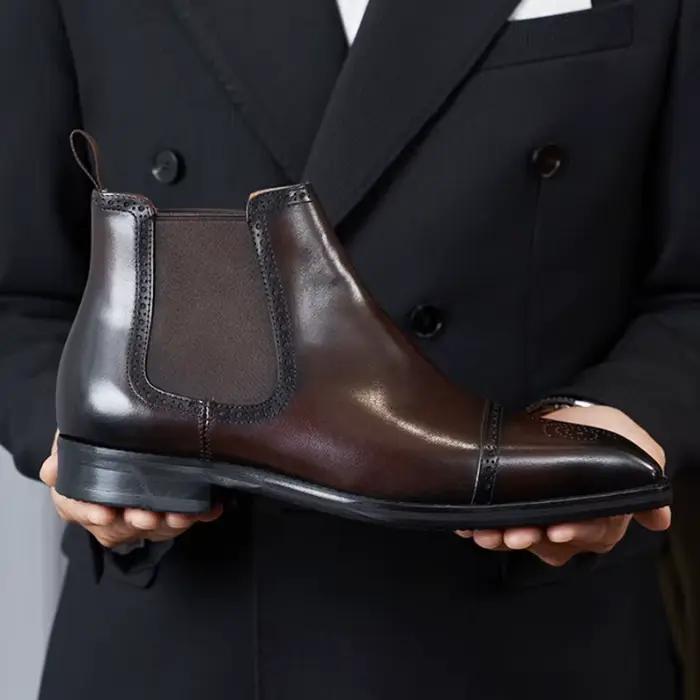 Bottines Chelsea Vintage pour Hommes en Cuir Véritable, Bout Rond Sculpté, Talon Bas, Élégantes et Durables Occasions Spéciales Hiver