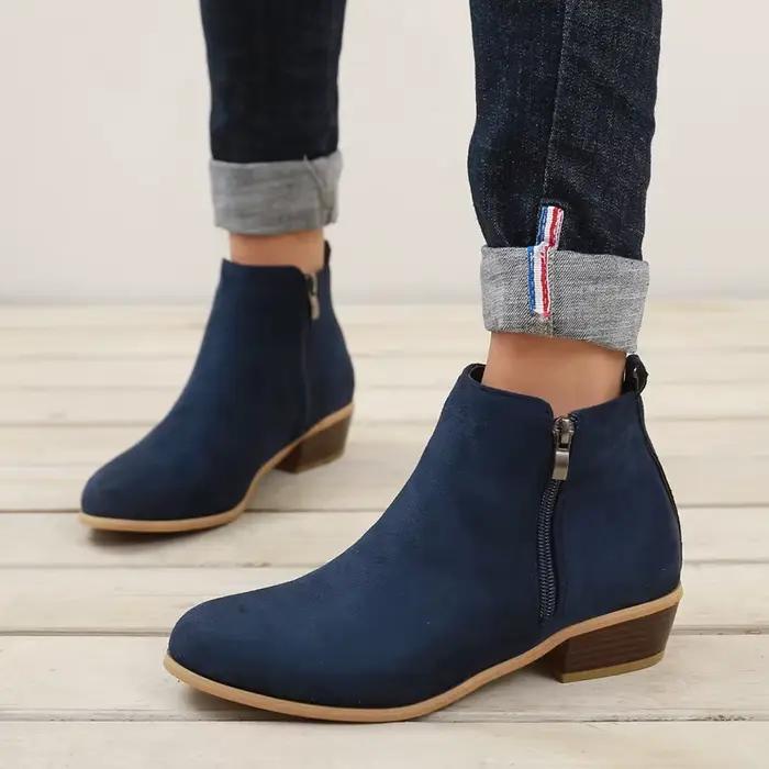 Bottines zippées pour femmes, chaussures en daim, talon bas carré, bout en amande, chaussures d'automne pour dames, talon de 3.5 Cm, bleu, 2025
