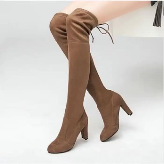 Nouvelles femmes botte mode daim femmes sur le genou botte à lacets Sexy talons hauts chaussures femme mince cuisse haute botte femmes fr5
