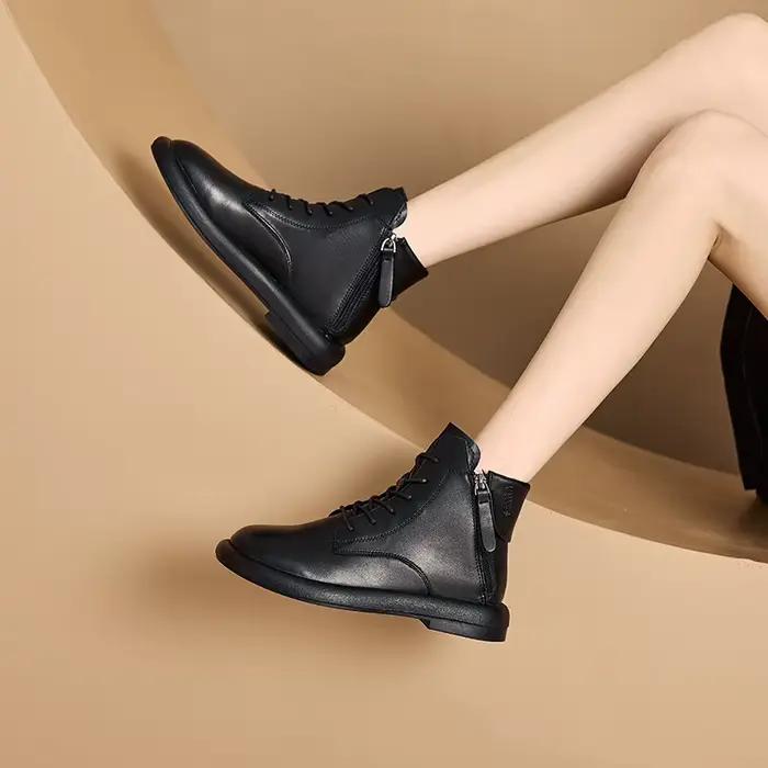 Bottines en cuir marron pour femmes, nouvelle collection 2026, à lacets avec fermeture éclair arrière, semelle plate basse, décontractées et confortables pour l'automne et l'hiver