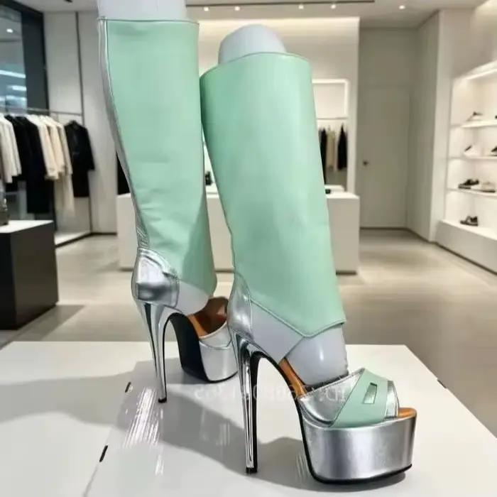 Bottes hautes pour femmes vert menthe argentées à bout ouvert