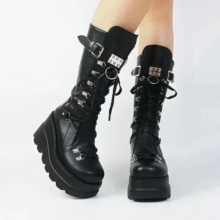 Bottes hautes UXST mi-mollets avec talons hauts pour femmes style punk ocassions spéciales automne hiver