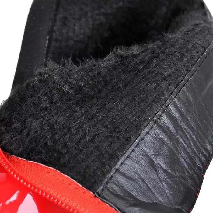 Bottes courtes à plateforme en peluche pour femmes avec talons hauts et épais, cuir verni rouge et noir, bottes punk à cheville pour bureau, fermeture éclair latérale, hiver