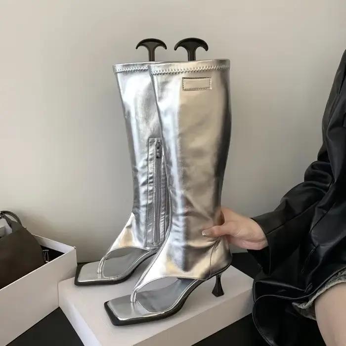 Bottes hautes argentées à bout ouvert pour femmes, bottines modernes à talons bas et fins, fermeture éclair latérale, escarpins de fête de printemps, sandales